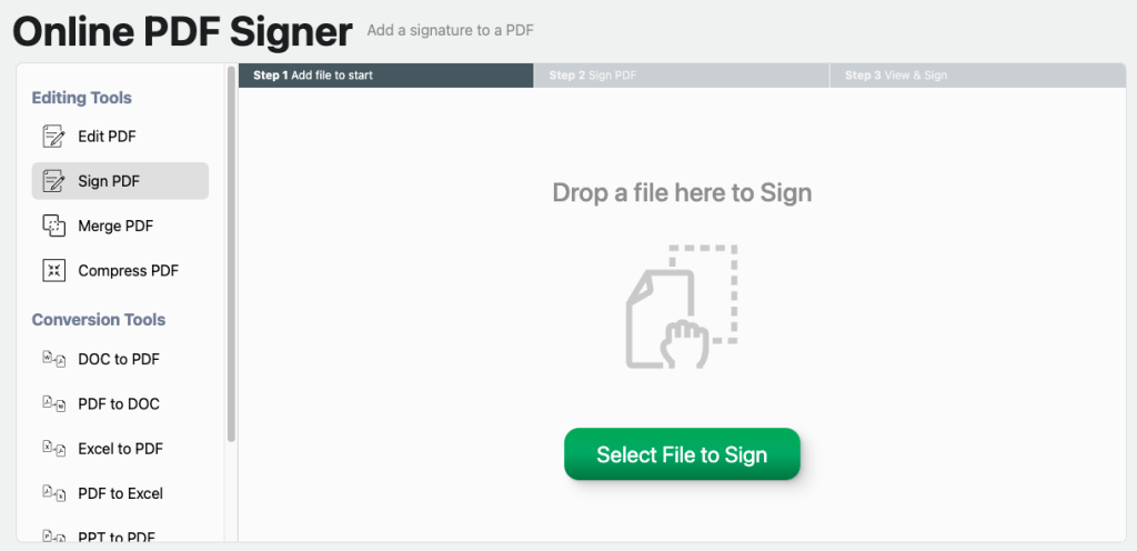 Screenshot of PDF Live's online PDF signing tool.