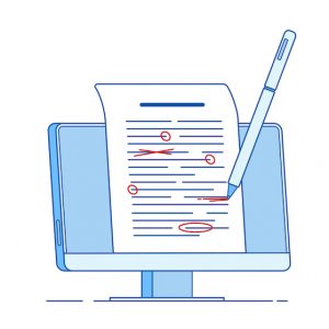 Cartoonish illustration showing a pen making copyedits to a document on a computer screen. How to edit a PDF online. 