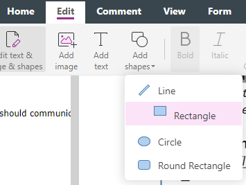 Screenshot of pdf live's pdf editor showing the edit and add shape functions. 