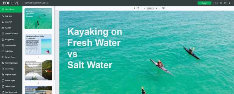 PDF.Live's editor menu is pictured on the left, with a PDF of a kayaking brochure as an example