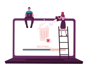 Cartoonish illustration of two tiny people sitting on a laptop moving files into the trash. For an article about how to delete pages from PDF files. 