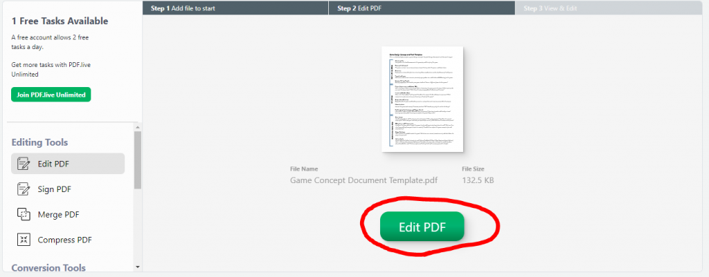 Screenshot of pdf live's pdf editor with the EDIT PDF button circled in red. 