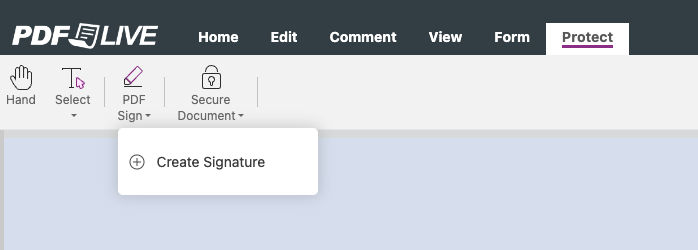 Screenshot of pdf live's pdf editor and the create signature features. 