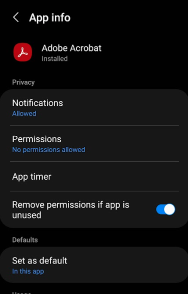 The settings of the Adobe Acrobat app show Set as default in this app selected.