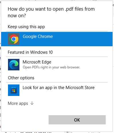 Screenshot showing a Windows computer asking you if you want to set Google Chrome as your default PDF reader. 