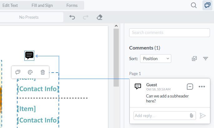 An arrow points to the annotate PDF icon showing a comment has been added that reads Can we add a subheader here?