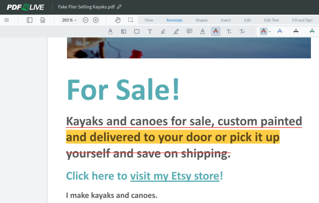 A PDF reading For Sale! selling kayaks and canoes showing the annotation feature to underline text, highlight text and strike through text. 