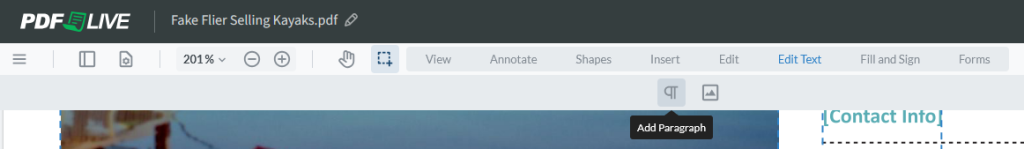 The PDF.Live annotate tool includes the add paragraph feature.