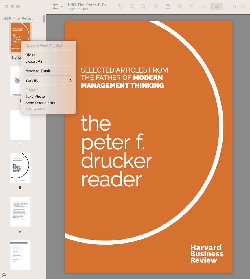 An ebook called the peter f drucker reader is open in Preview on a Mac. 