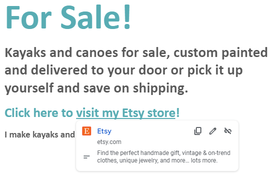 Close up of a PDF.Live editing tool showing that when you hover over text that reads "visit my Etsy store" the link takes you to Etsy.