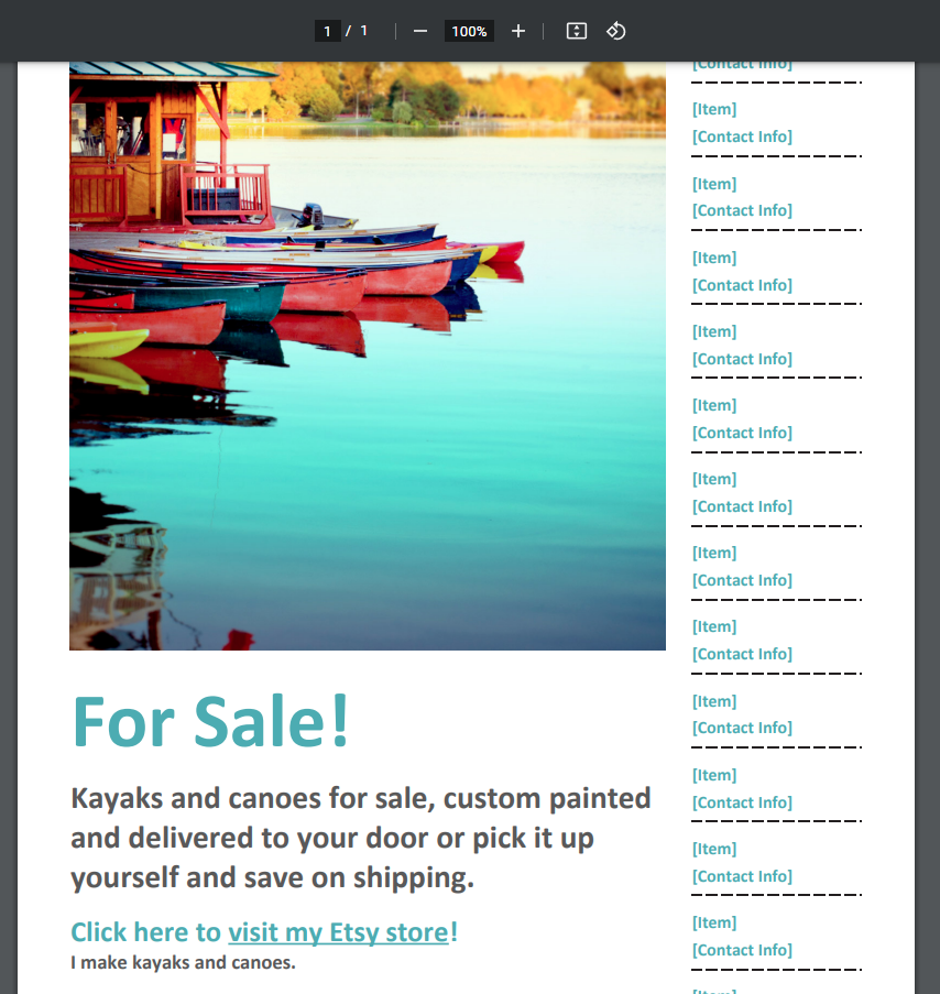 The PDF.Live editing tool shows a flier with a hyperlink for the Etsy store.