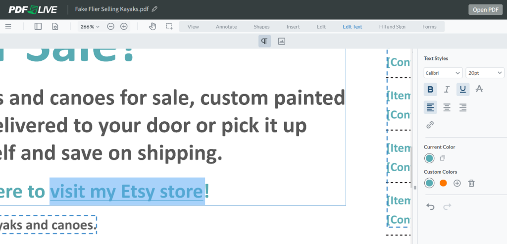 Close up of a PDF in PDF.Live's editing tool, highlight the text that reads "visit my Etsy store" so we can add a hyperlink to the Etsy store.