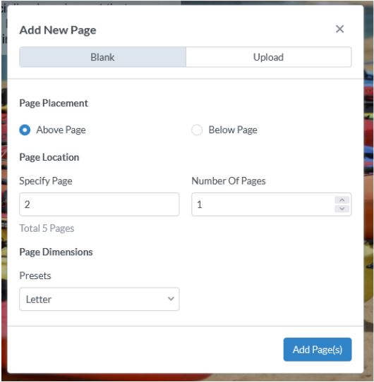 To add a page, you can also select Insert and either add a new blank page or upload another PDF.