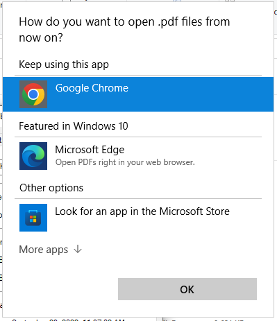 Screenshot showing Google Chrome selected in response to How do you want to open .pdf files from now on?
