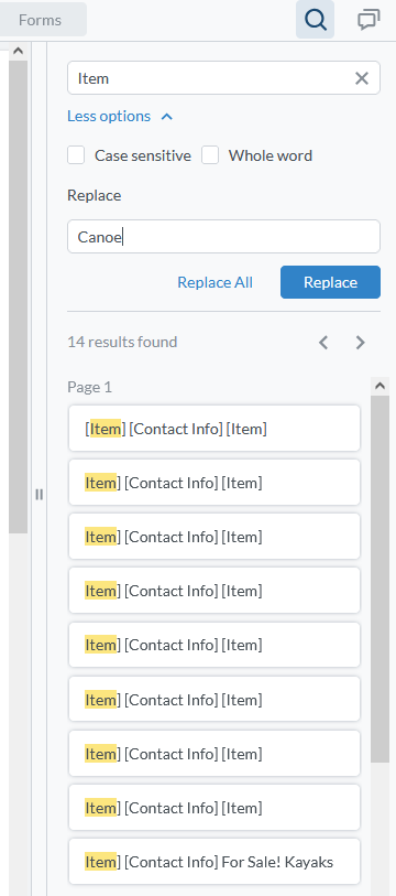 Find the word "item" and replace with "canoe" in PDF.Live's find-and-replace text editing tool for PDFs.
