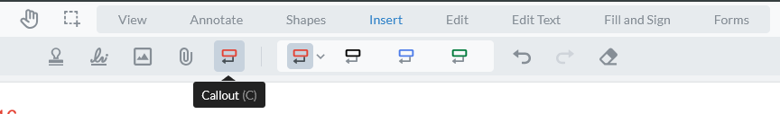 To add a callout, select the Insert tab and then the Callout icon, shown here. Hover over the buttons to find the Callout icon.