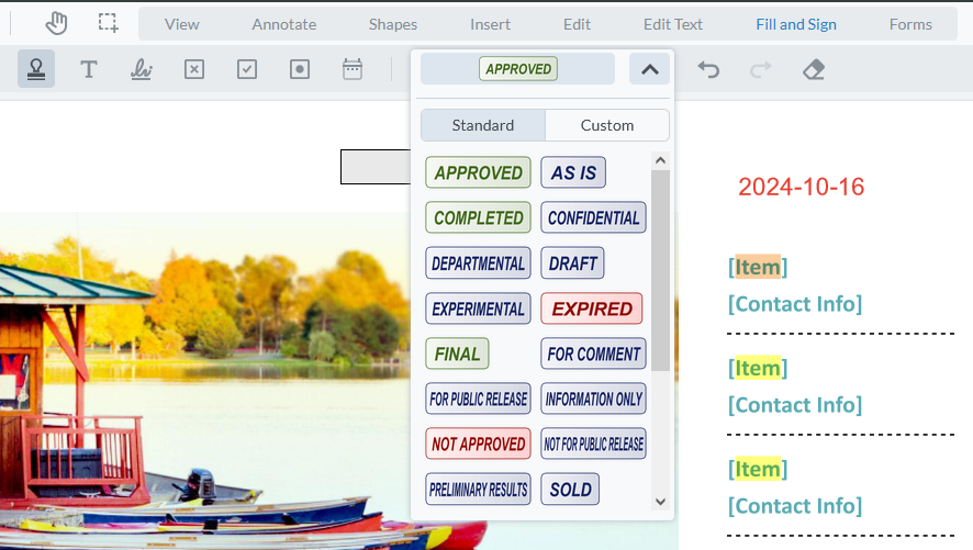 Standard PDF digital stamps include the words approved, completed, departmental, experimental, as is, confidential, draft and more. 