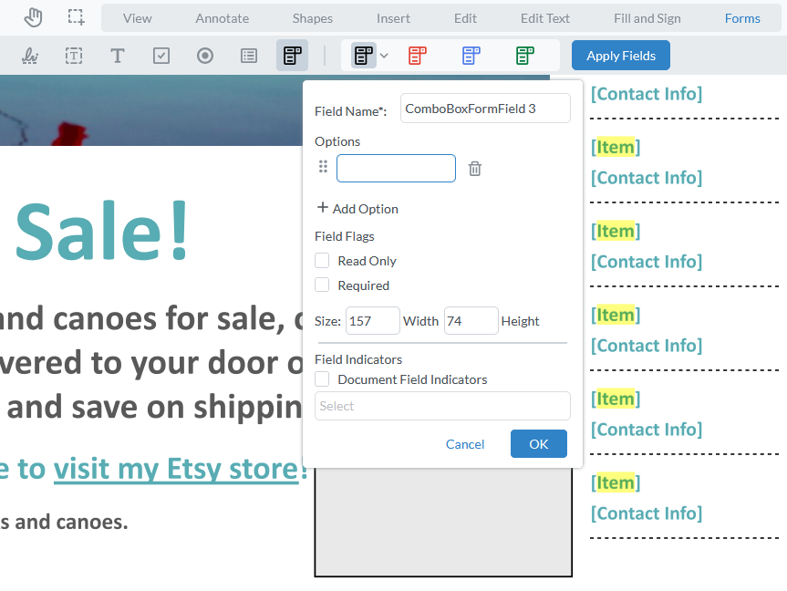 Add a field named Combo Box Form Field 3 to a PDF.