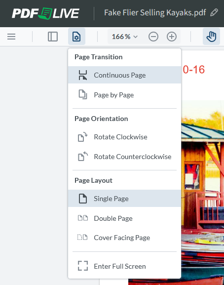 From the PDF.Live editor, select page transition. Options include continuous page, single page, double page and more. 