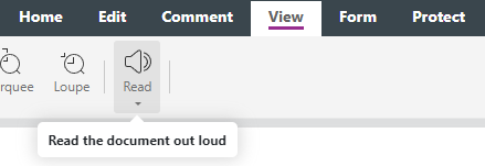 screenshot showing where to find pdf live online editing tool's read aloud button 