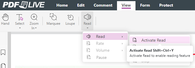 screenshot showing pdf live's online pdf edit app that has a read-aloud feature and controls for rate, volume and other controls