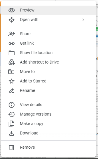google drive screen shot showing options for handling files, including preview, open with, share, etc.