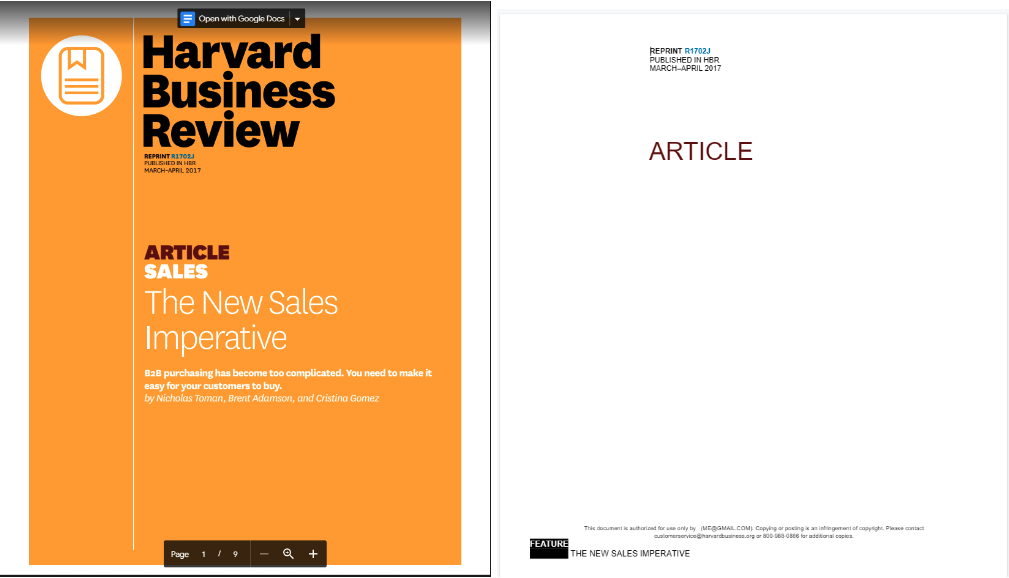 2 screenshots. The left shows screenshot of hbr pdf's cover, right shows what the cover looks like when it's been converted in Google Drive to a Google Doc. 