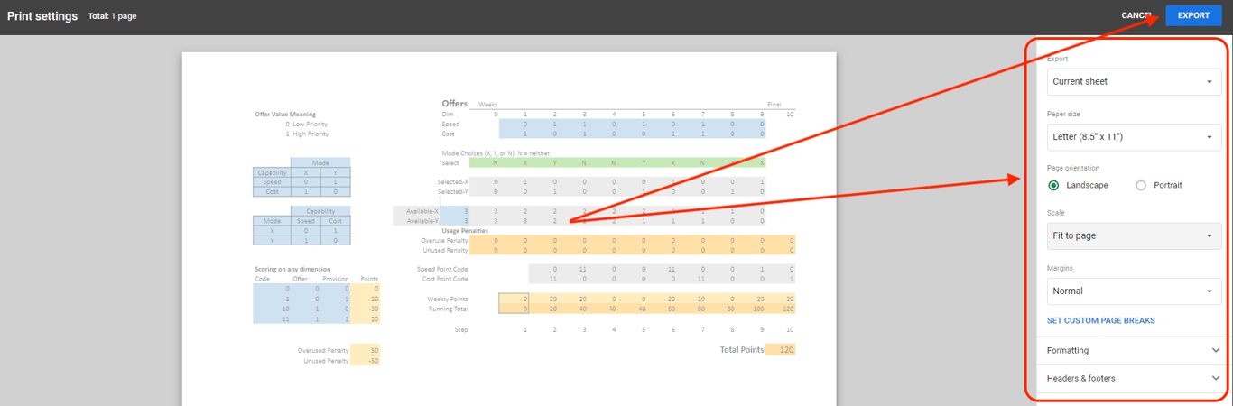 screenshot showing how you can export a spreadsheet to a PDF