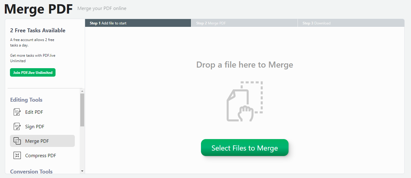 To use the PDFLive online merge tool, select your files to combine.