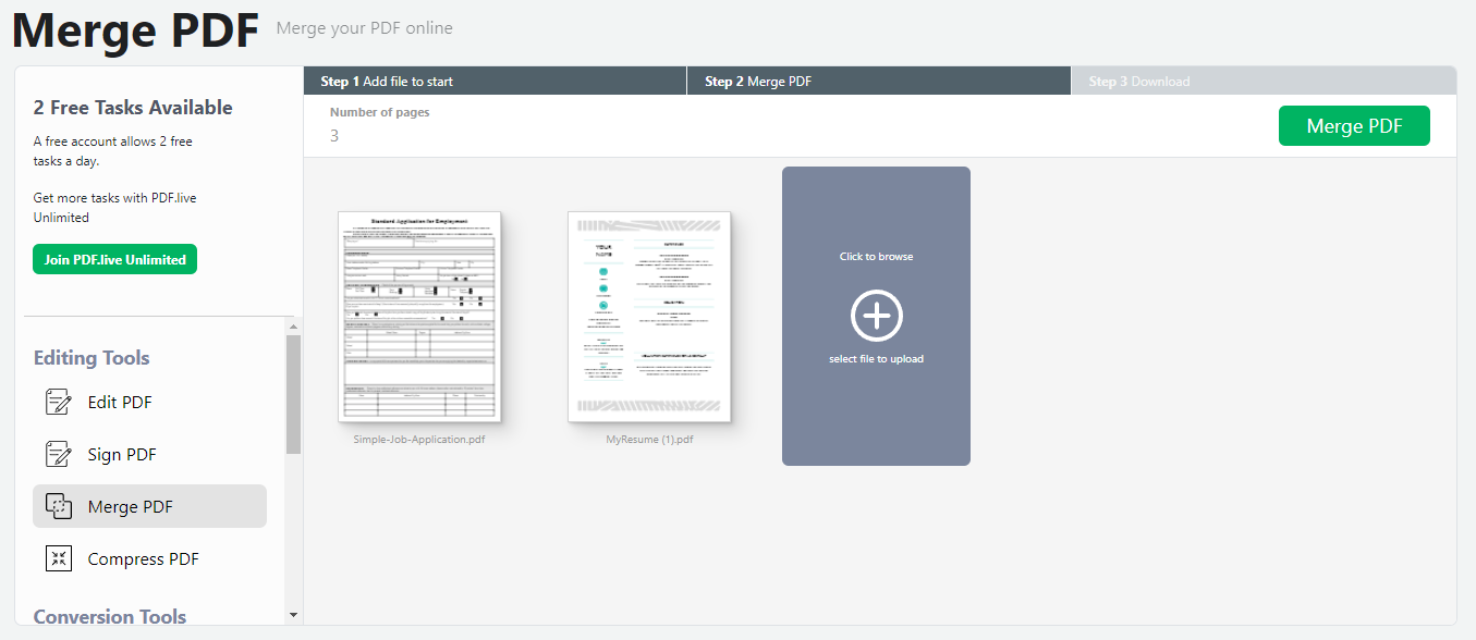 Merge PDF shows the documents that you want to merge. All must be PDF formats. 