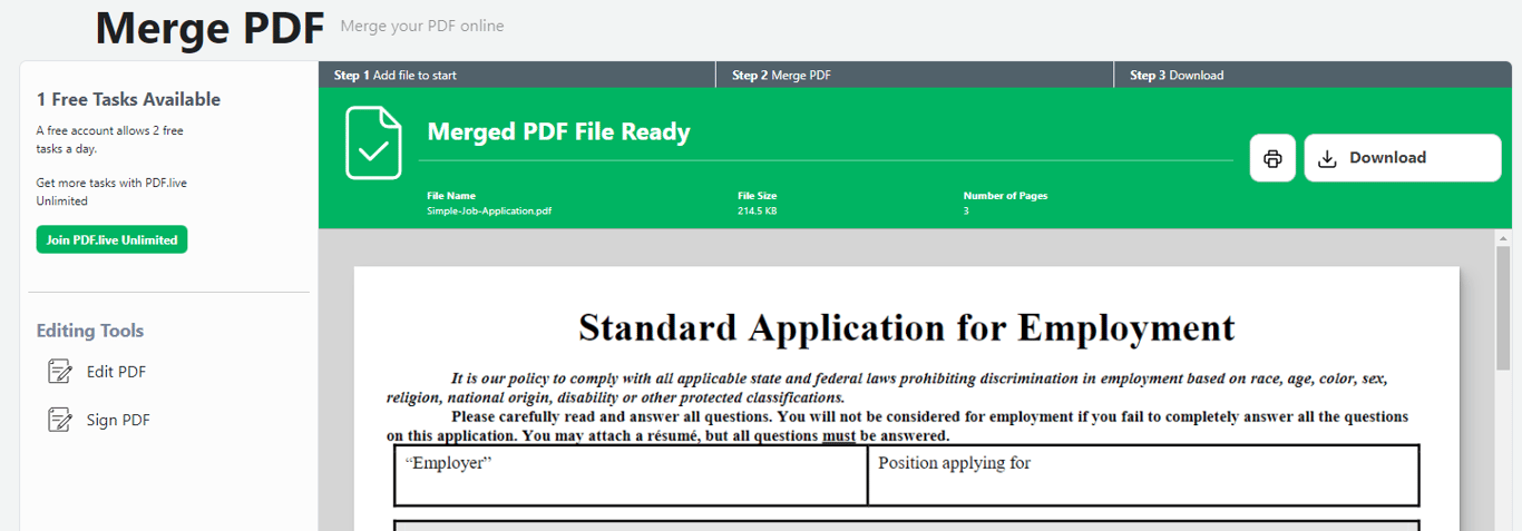 Merged PDF file is ready to download. Click the download button. 