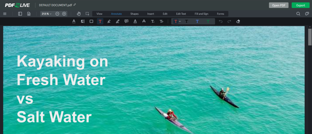 PDF.Live editor interface with a PDF open.