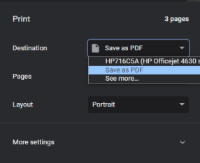 screenshot showing Gmail and where to change the print destination from printer to Save as PDF