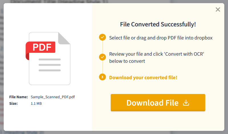 Image of a tool for converting PDF files to Word documents, featuring a user-friendly interface and conversion options and the message that the file was converted successfully. 