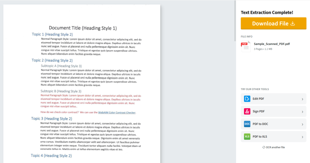 Overview showing that the text extraction is complete and the document is ready to be downloaded. 