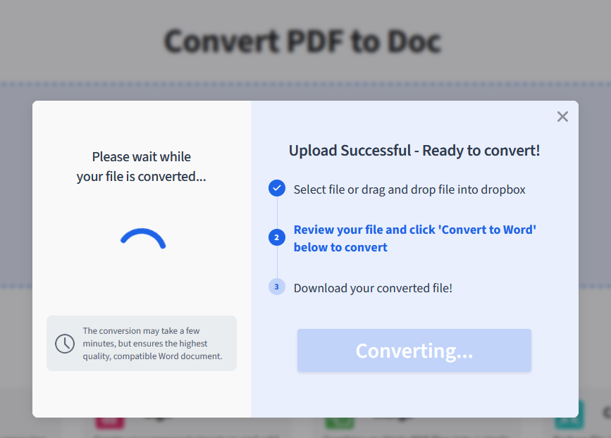 Icon showing a PDF file transforming into a DOCX file, symbolizing file format conversion.