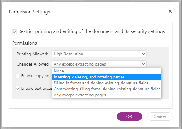 remove pages from pdf - screenshot showing options for restricting a pdf