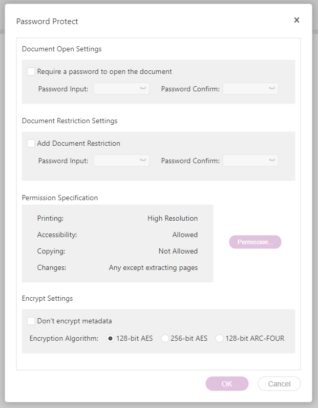 remove pages from pdf - screenshot showing the password settings in pdf live