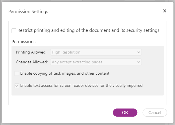 remove page from pdf - screenshot showing permission settings