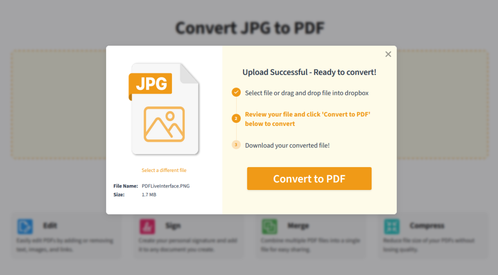 A JPG file has been successfully uploaded to the PDF.Live JPG to PDF converter.