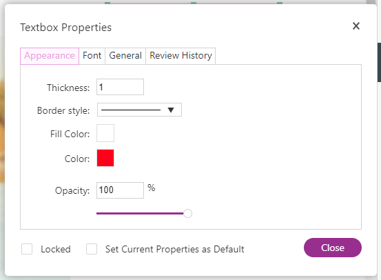 screenshot of pdf live showing where to find the text box properties to change the colors, lines and fill for a text box