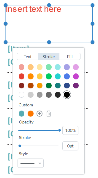 The insert text here box has been selected, and the formatting options for the text are visible.