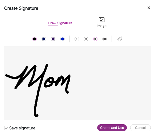 screenshot of someone signing Mom in pdf live's sigature tool
