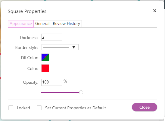 screenshot showing the editing options for changing the border style and colors and fills of a pdf editor