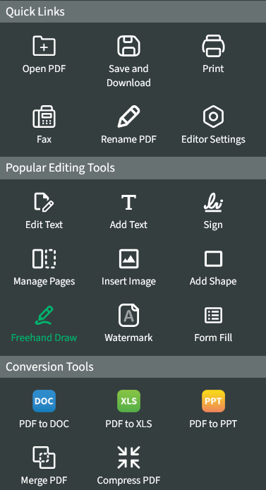 The Freehand Draw option is selected, highlighted in green, from the Popular Editing Tools menu. 