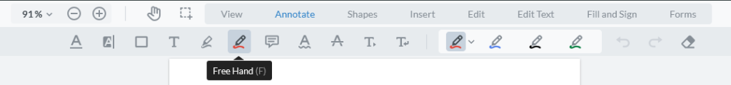 The Free Hand tool is selected from the Annotate menu option denoted by a pencil with a red line beneath.