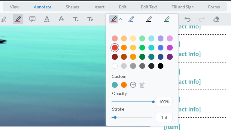 To change the color, opacity and stroke size of the freehand drawing tool click the drop down arrow and choose options.