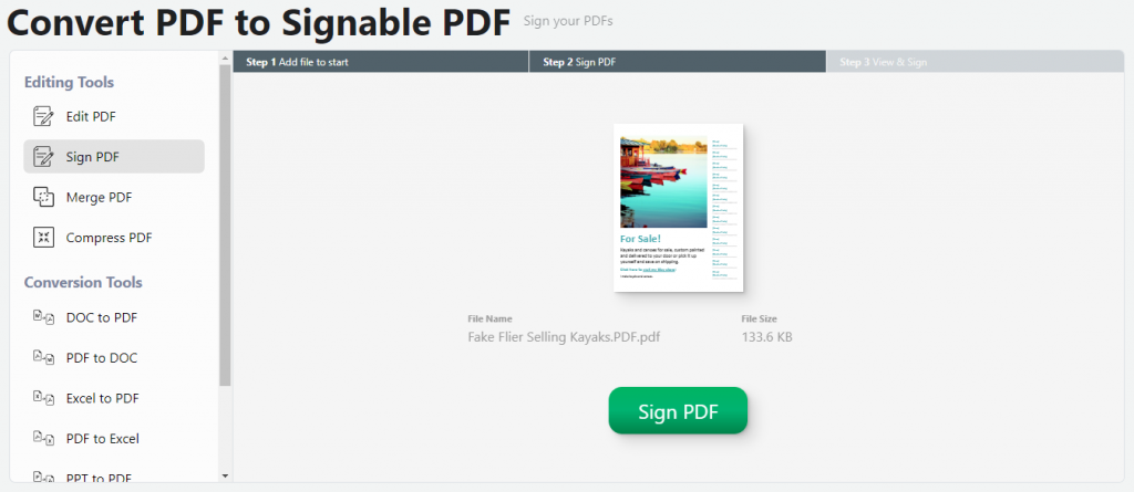 screenshot of pdf live showing how to upload a pdf and sign it