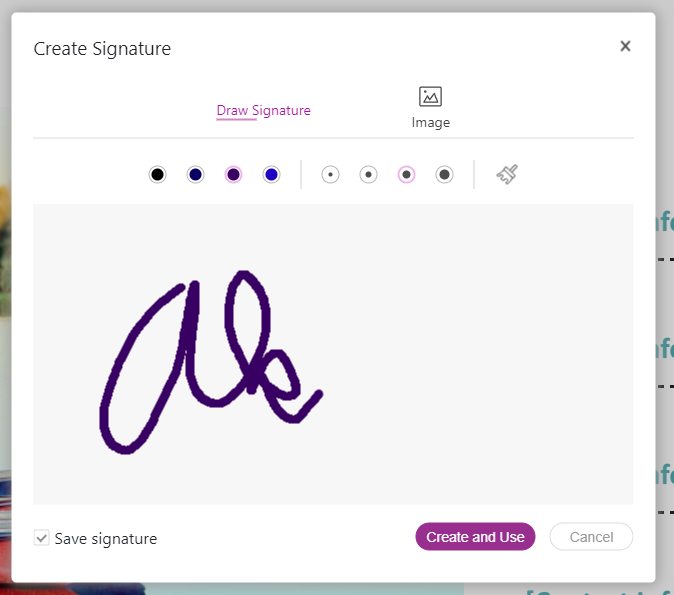 screenshot of pdf live showing how to create initials by drawing with your mouse