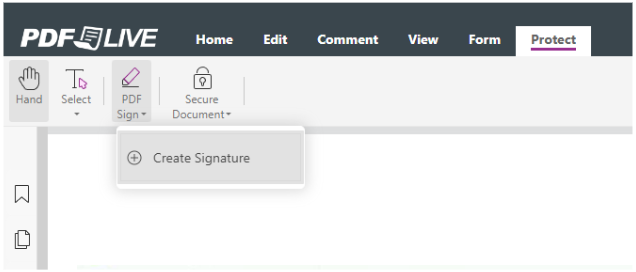 screen shot of pdf live showing where to find the create signature feature in the editor